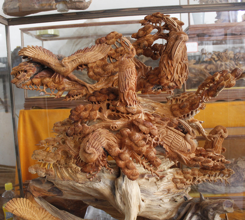 檀香瘤木雕松鶴延年工藝品家居擺件 根雕花鳥會所公司商務禮品