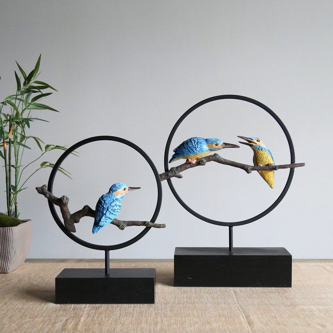 擺件家居飾品 新中式動(dòng)物樹脂工藝品 壁柜電視柜擺件小鳥圓環(huán)